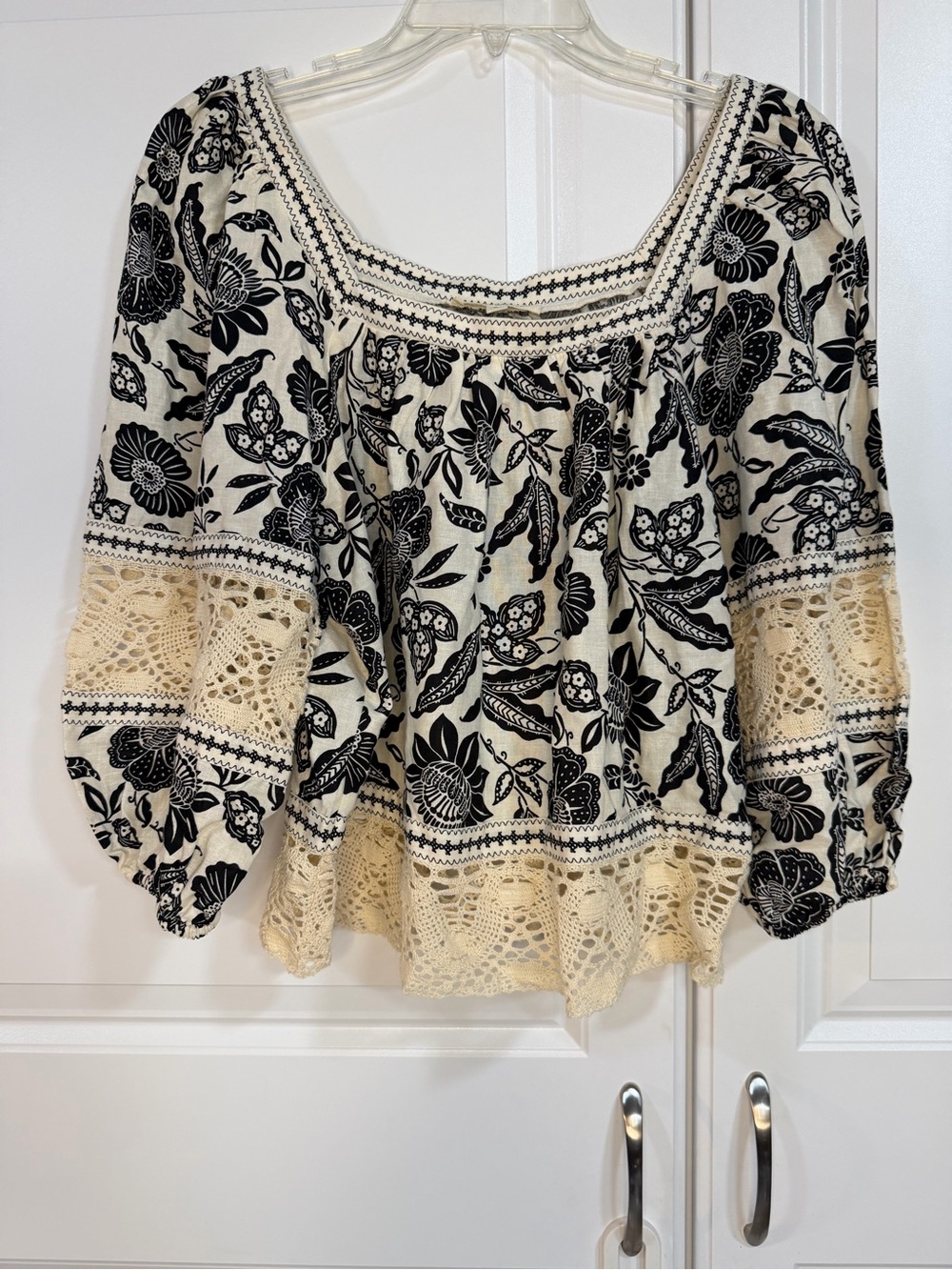Christian Siriano Black Floral Print Peasant Top on Cream